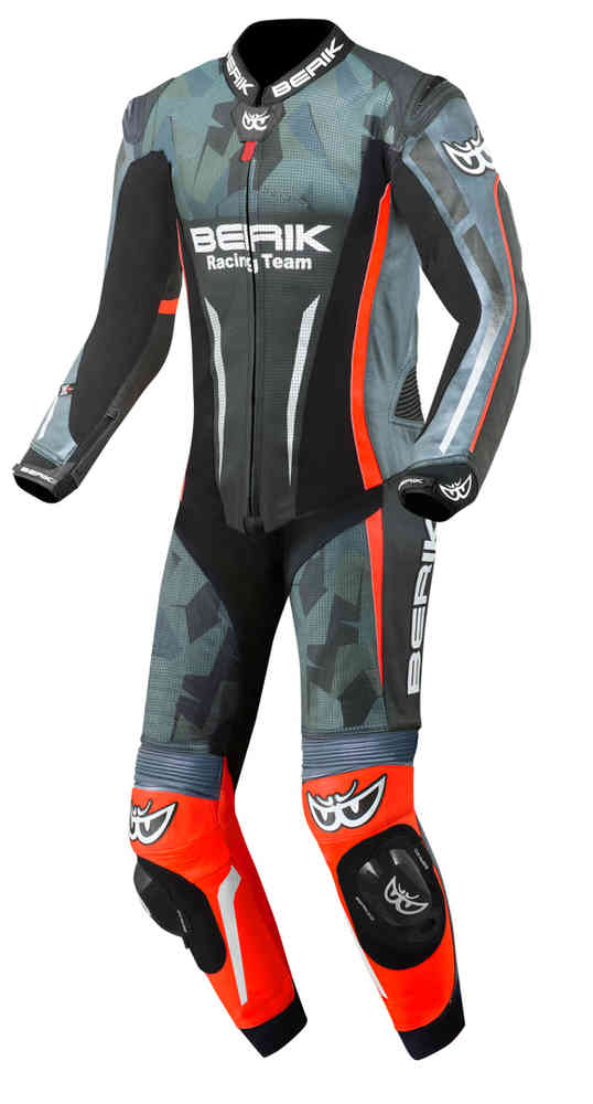 Berik Camo Track perforated One Piece Motorcycle Leather Suit showcasing its stylish design and ventilation features.