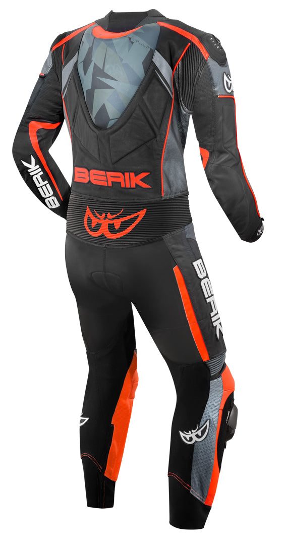 Berik Camo Track perforated One Piece Motorcycle Leather Suit showcasing high-quality cowhide leather and ventilation features.