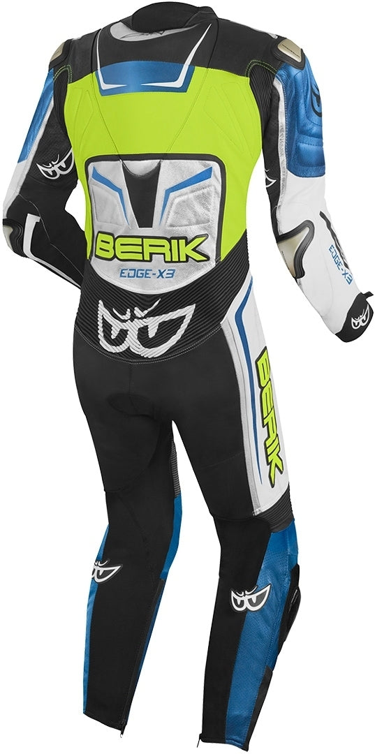 Berik Cosmic One Piece Motorcycle Leather Suit showcasing premium cowhide leather, aerodynamic design, and protective features.