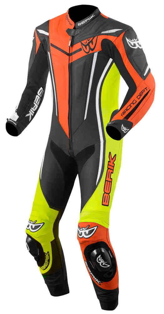 Berik Metric Evo One Piece Motorcycle Leather Suit in various colors, showcasing premium leather and flexible design for riders.