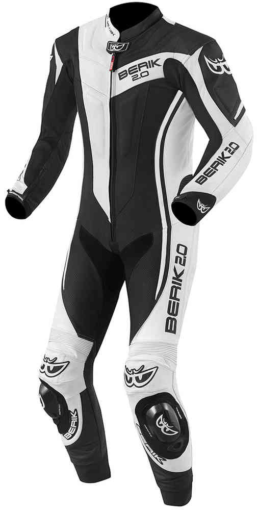 Berik Metric Evo One Piece Motorcycle Leather Suit in various colors, showcasing premium leather and flexible design features.