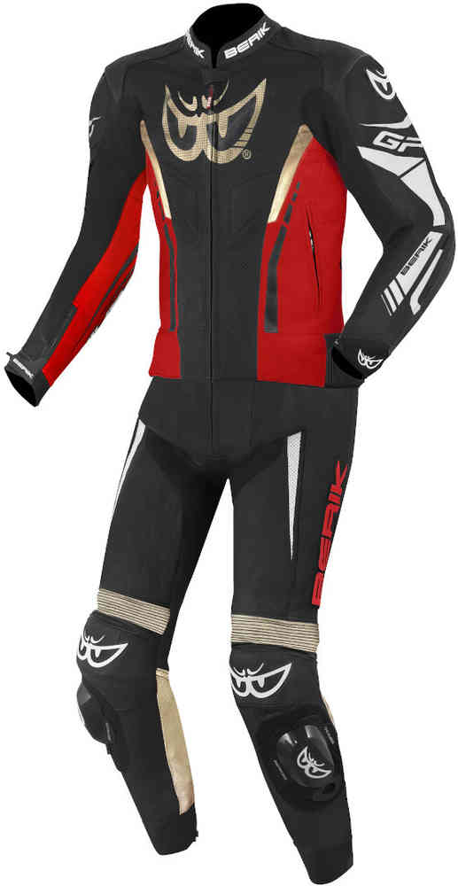 Berik Monza Two Piece Motorcycle Leather Suit showcasing full grain cowhide leather, integrated protectors, and perforated areas for ventilation.