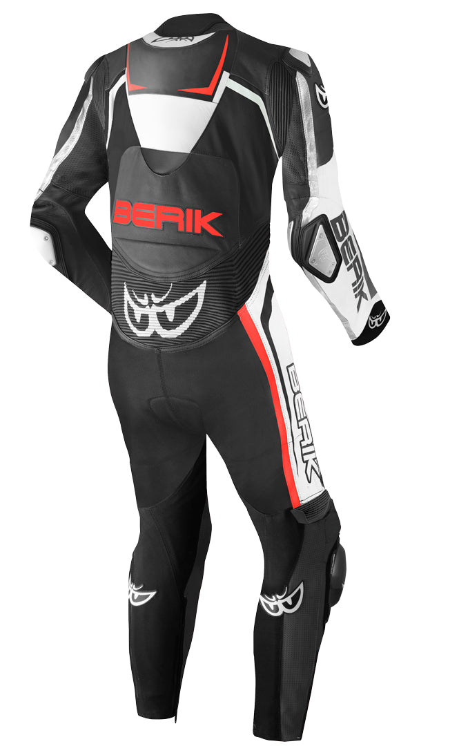 Berik Race-Tech One Piece Motorcycle Leather Suit showcasing full-grain cowhide leather and protective features.