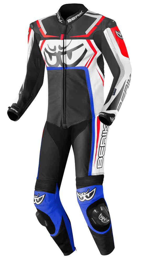 Berik Race-Tech One Piece Motorcycle Leather Suit showcasing full-grain cowhide leather and protective features.