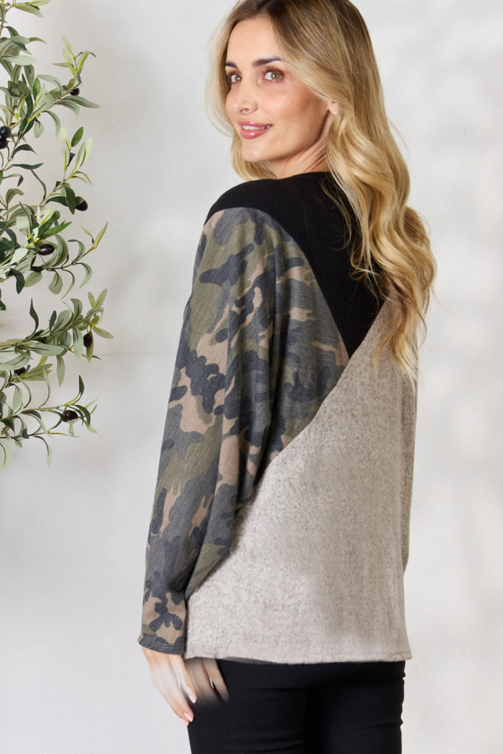 BiBi Brushed Hacci Color Block Long Sleeve Top featuring a soft fabric, modern color block design, and camouflage French terry accents.