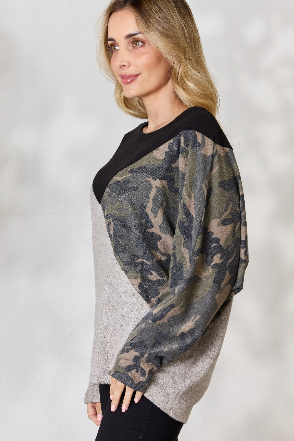BiBi Brushed Hacci Color Block Long Sleeve Top featuring a soft fabric, modern color block design, and camouflage French terry accents.