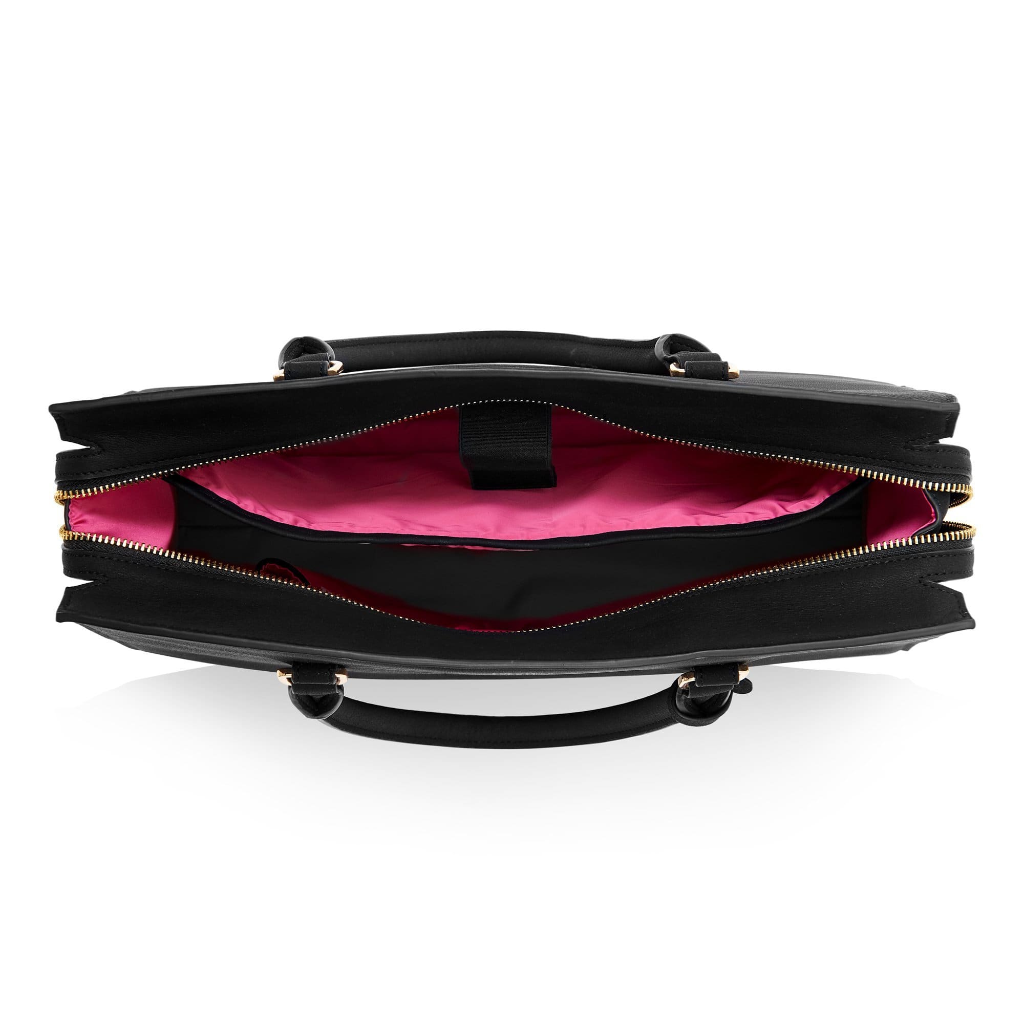 Black Aricia Vegan Fashion Computer Bag with fuchsia lining and gold hardware, featuring a padded laptop compartment and adjustable strap.