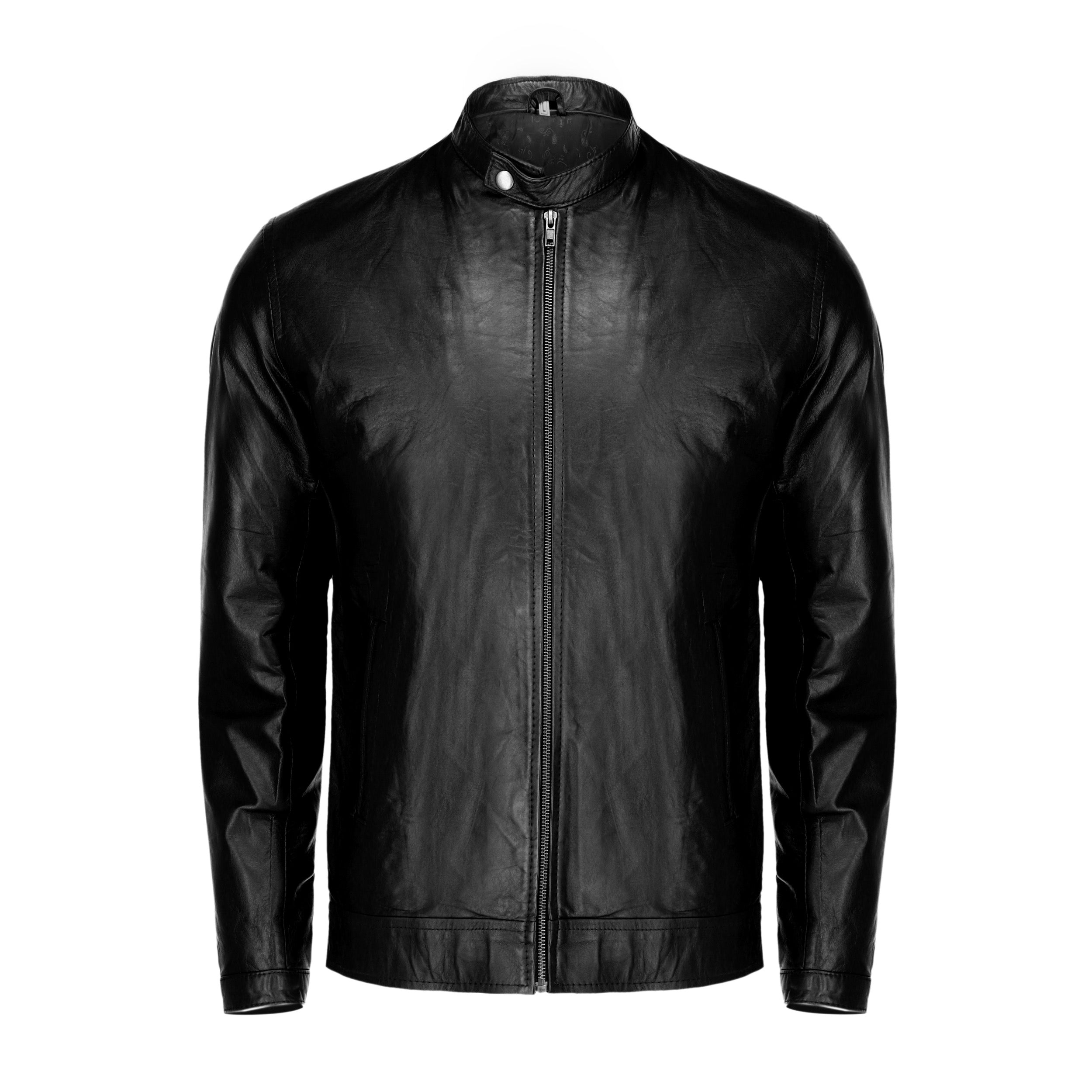 Black mens pure sheep leather zipper jacket with a modern fit and snap button collar, showcasing premium craftsmanship and stylish design.