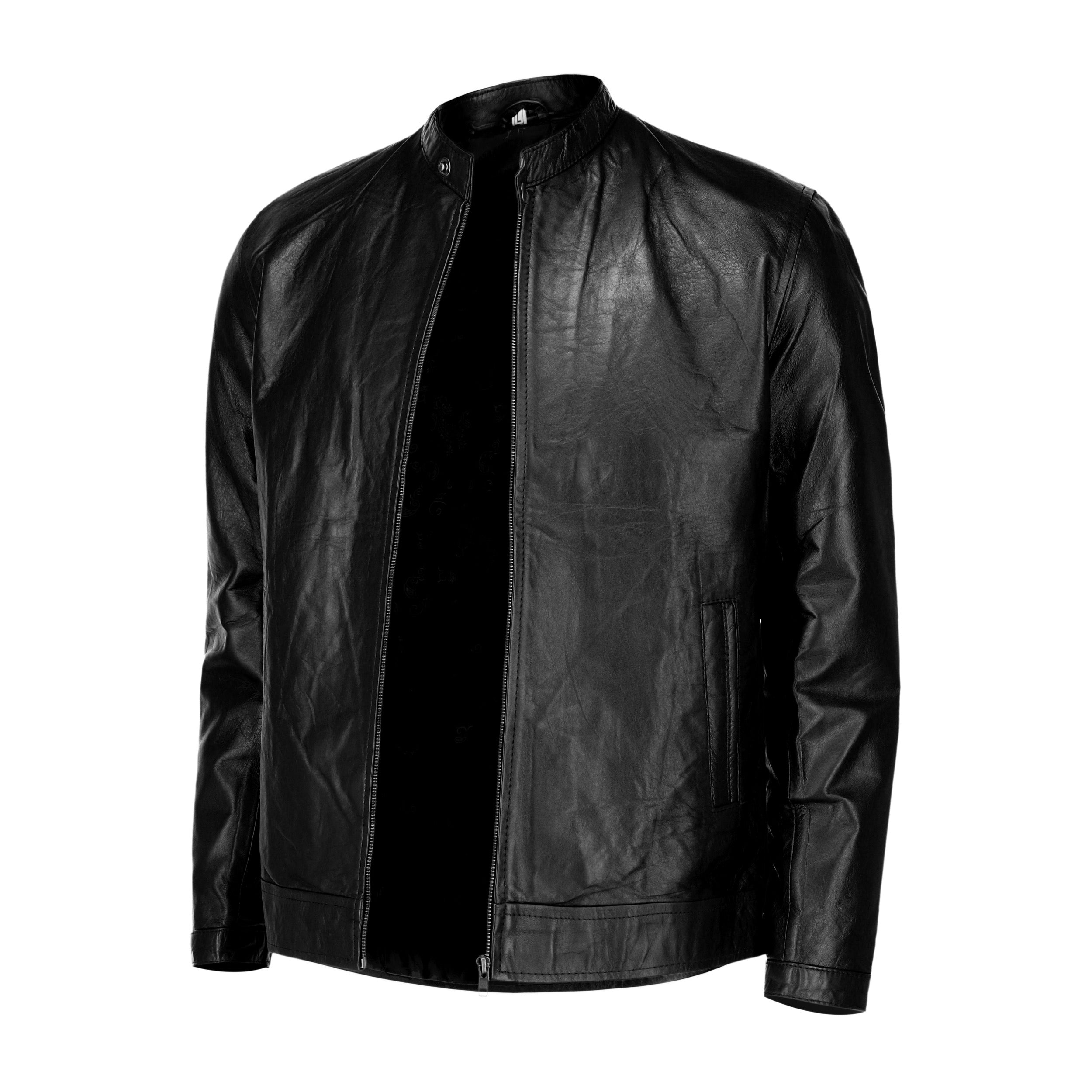 Black mens pure sheep leather zipper jacket with a modern fit and snap button collar, showcasing premium craftsmanship and stylish design.