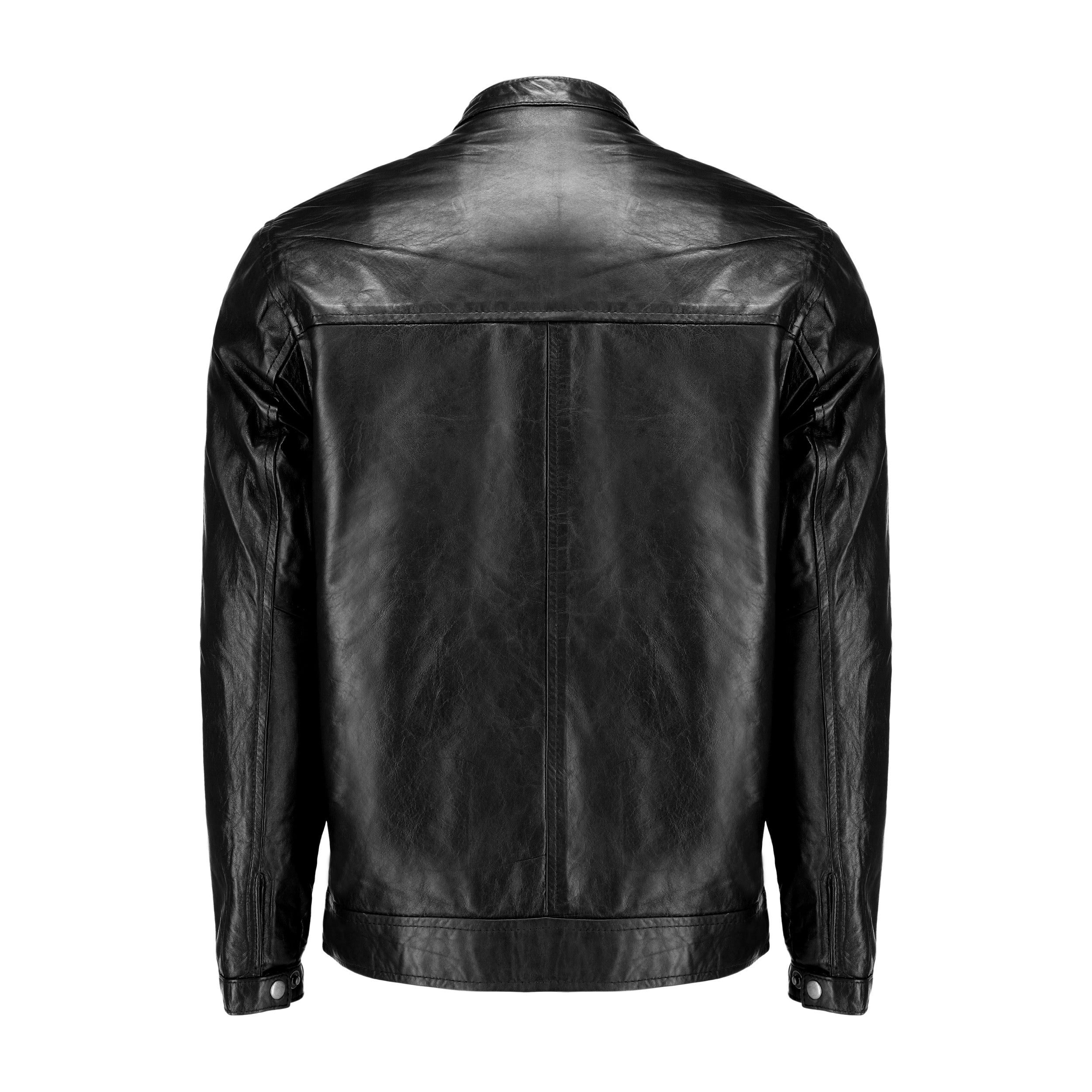 Black mens pure sheep leather zipper jacket with a modern fit and snap button collar, showcasing premium craftsmanship and stylish design.