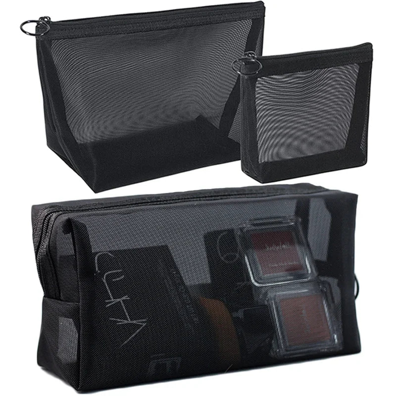 Black mesh makeup bag with transparent design, showcasing cosmetics inside.