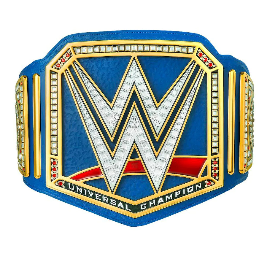 Blue Universal Championship Replica Title Belt with detailed plates and strap, perfect for WWE fans.