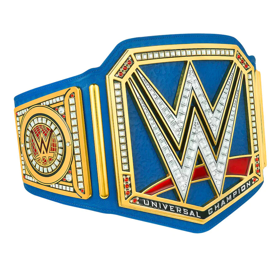 Blue Universal Championship Replica Title Belt with detailed plates and strap, perfect for WWE fans.