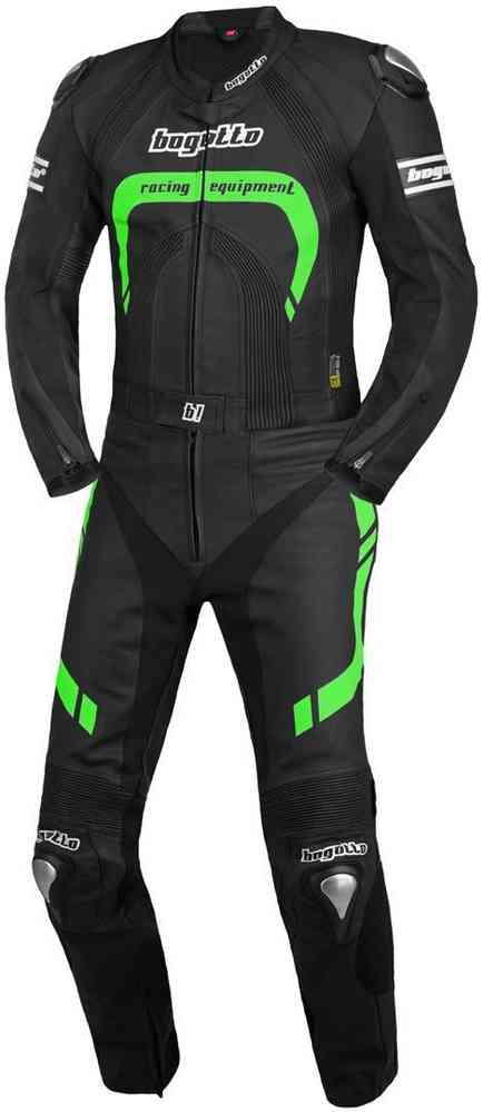 Bogotto Assen Two Piece Motorcycle Leather Suit showcasing sporty design and protective features.
