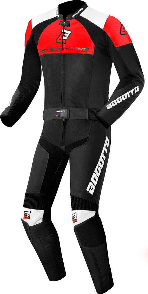 Bogotto Losail Two Piece Motorcycle Leather Suit showcasing sporty design and protective features.