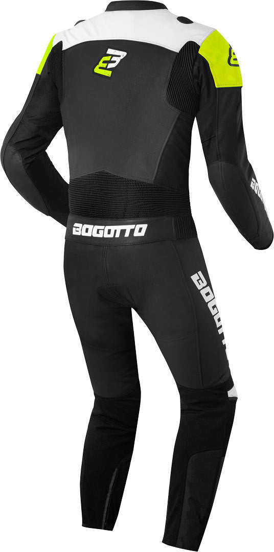 Bogotto Losail Two Piece Motorcycle Leather Suit featuring sporty prints and functional details, made from high-quality cowhide leather.