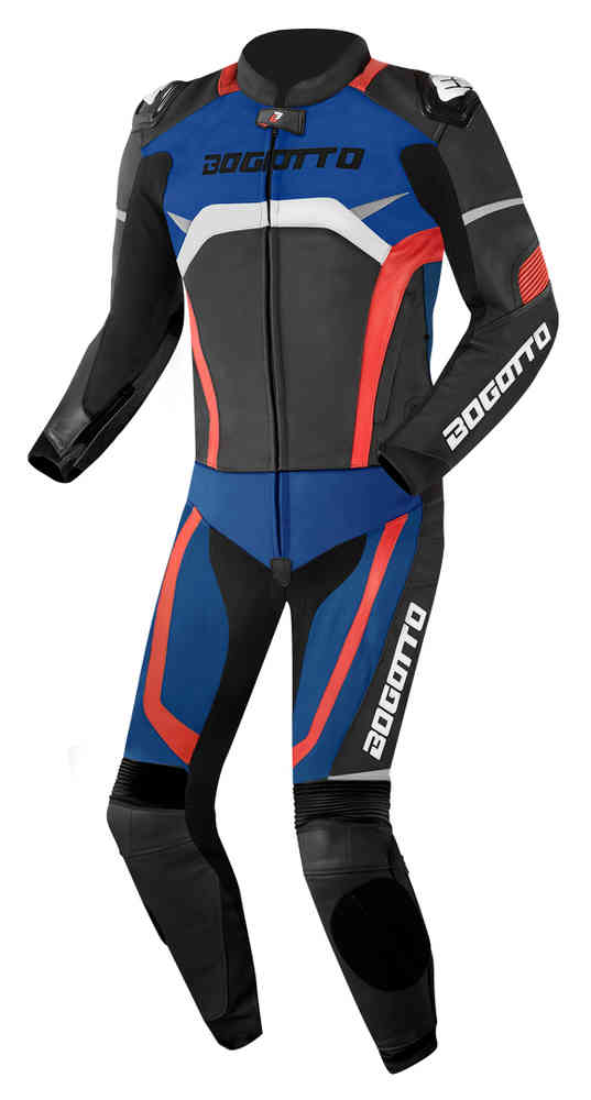 Bogotto Misano Two Piece Motorcycle Leather Suit showcasing high-quality cowhide leather, ergonomic design, and reflective patches for visibility.
