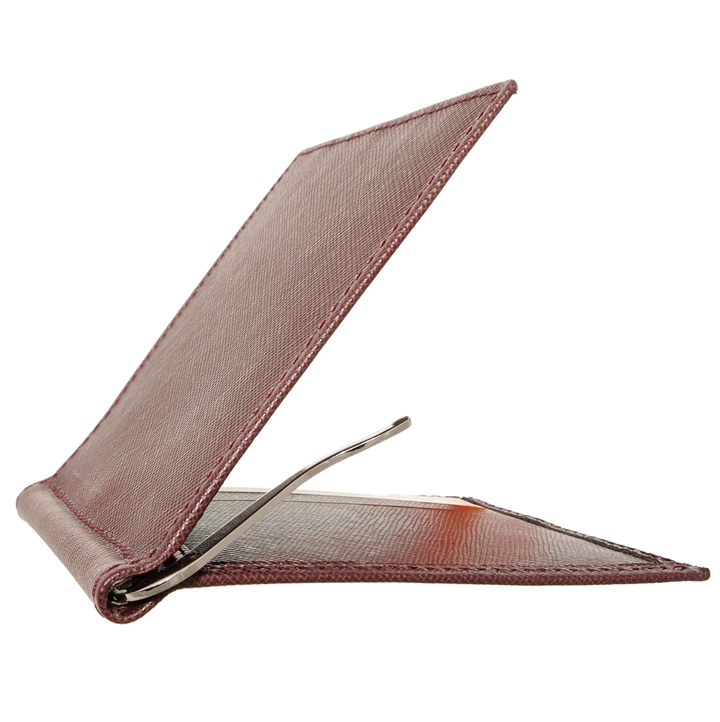 Bordeaux Saffiano Money Clip featuring 6 card slots and a hinged money clip, crafted from top grain calf leather.