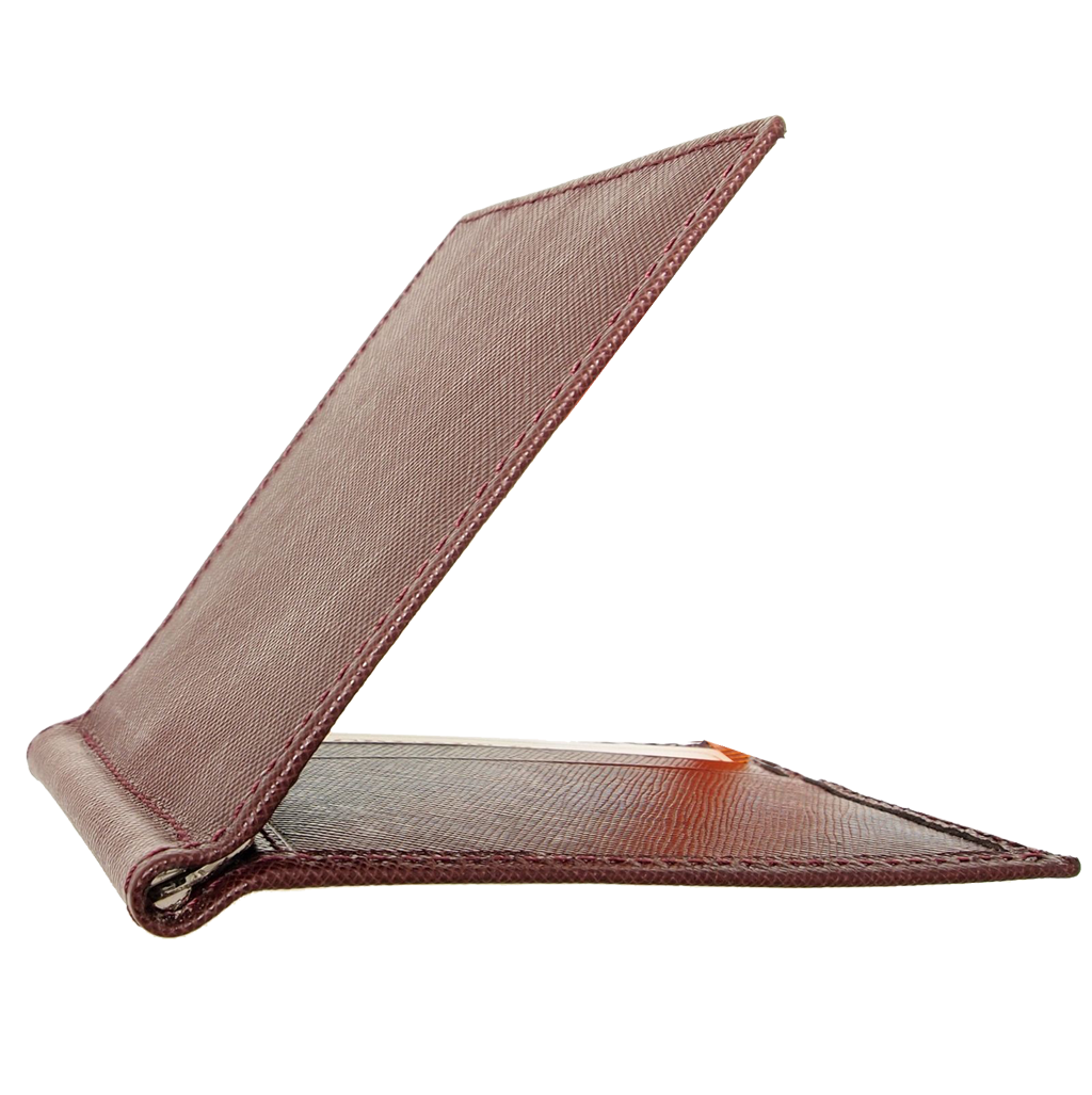Bordeaux Saffiano Money Clip featuring 6 card slots and a hinged money clip, crafted from top grain calf leather.
