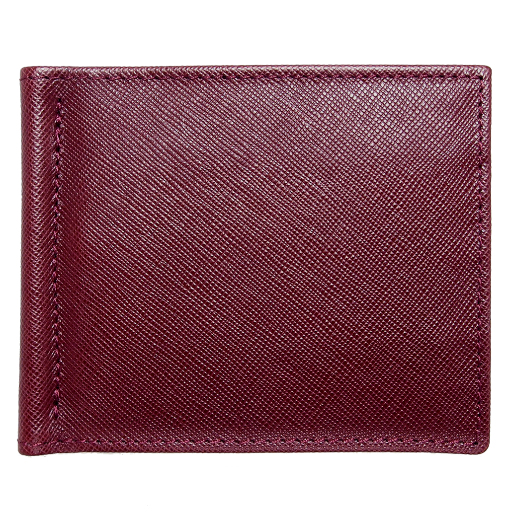 Bordeaux Saffiano Money Clip featuring 6 card slots and a hinged money clip, crafted from top grain calf leather.