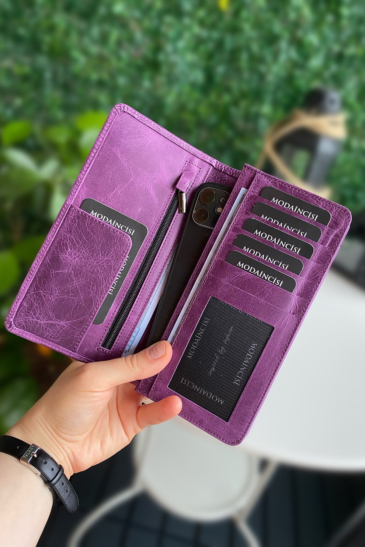 Boston Genuine Leather Wallet featuring a phone socket and multiple compartments in a stylish design.