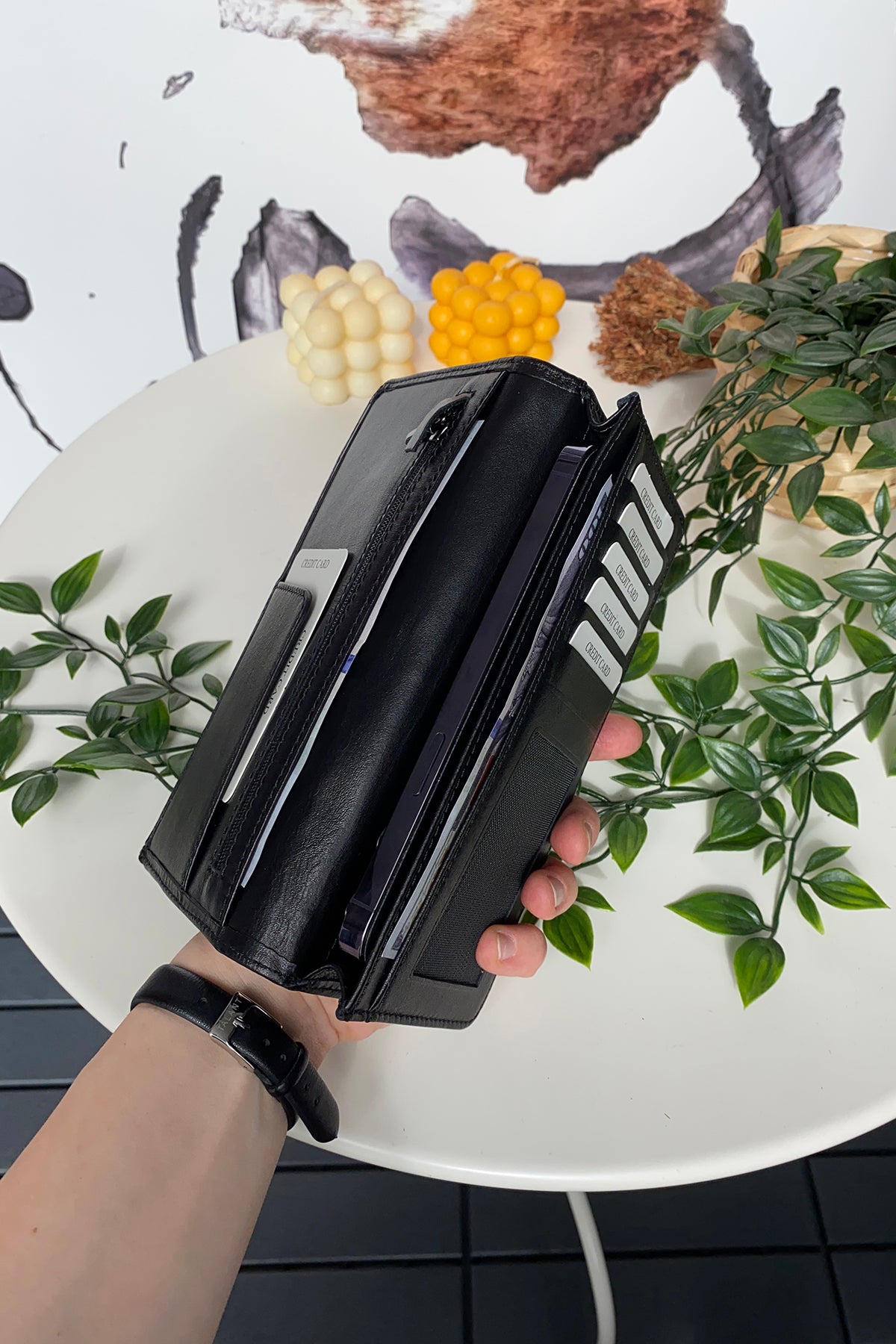 Boston Genuine Leather Wallet featuring a phone socket and multiple compartments in a stylish design.