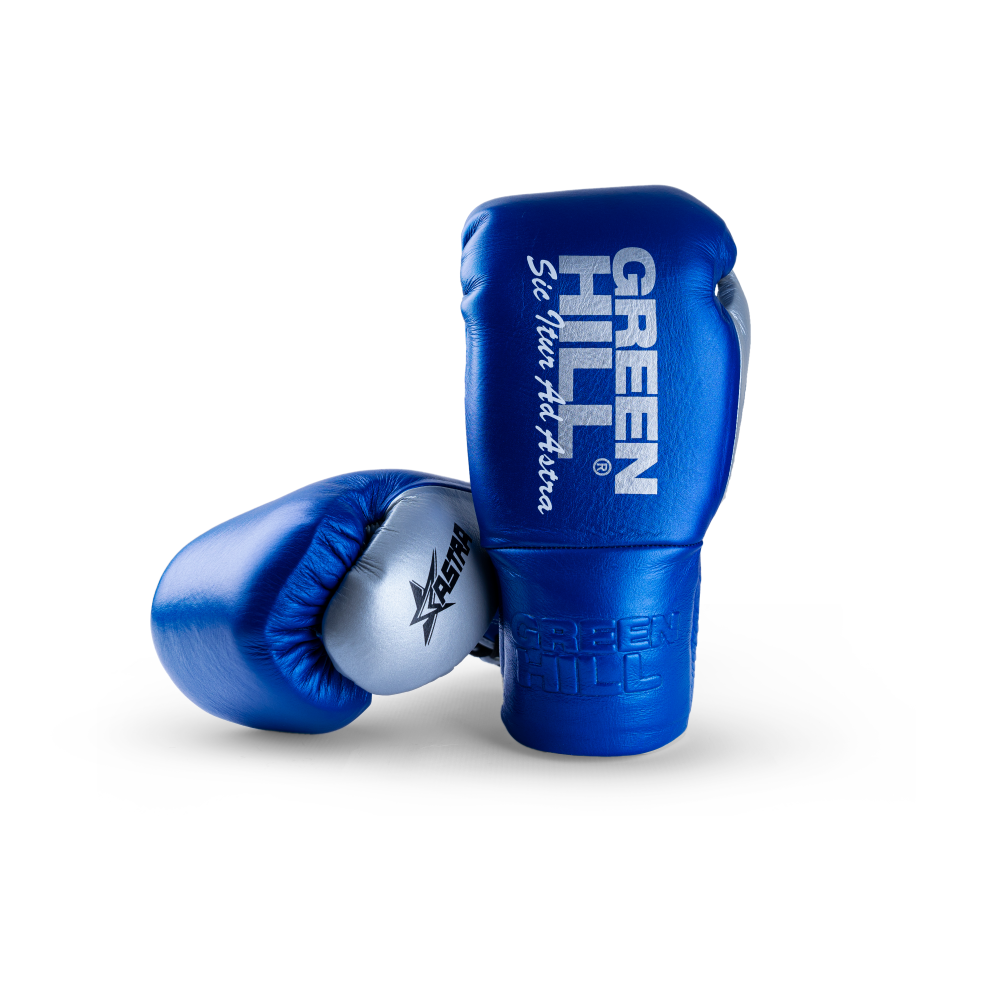 Boxing Gloves Astra made of 100% calf leather in metallic blue and silver, featuring unique flat padding for enhanced performance.
