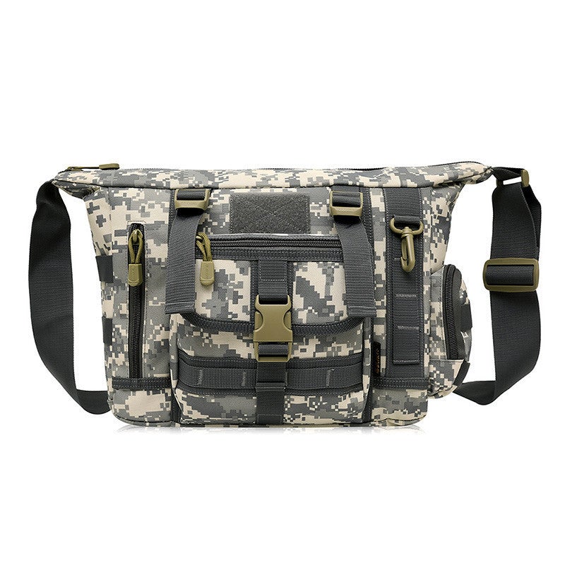 Business and Leisure Tactical Messenger Bag in camouflage design, showcasing its durable nylon material and spacious compartments.