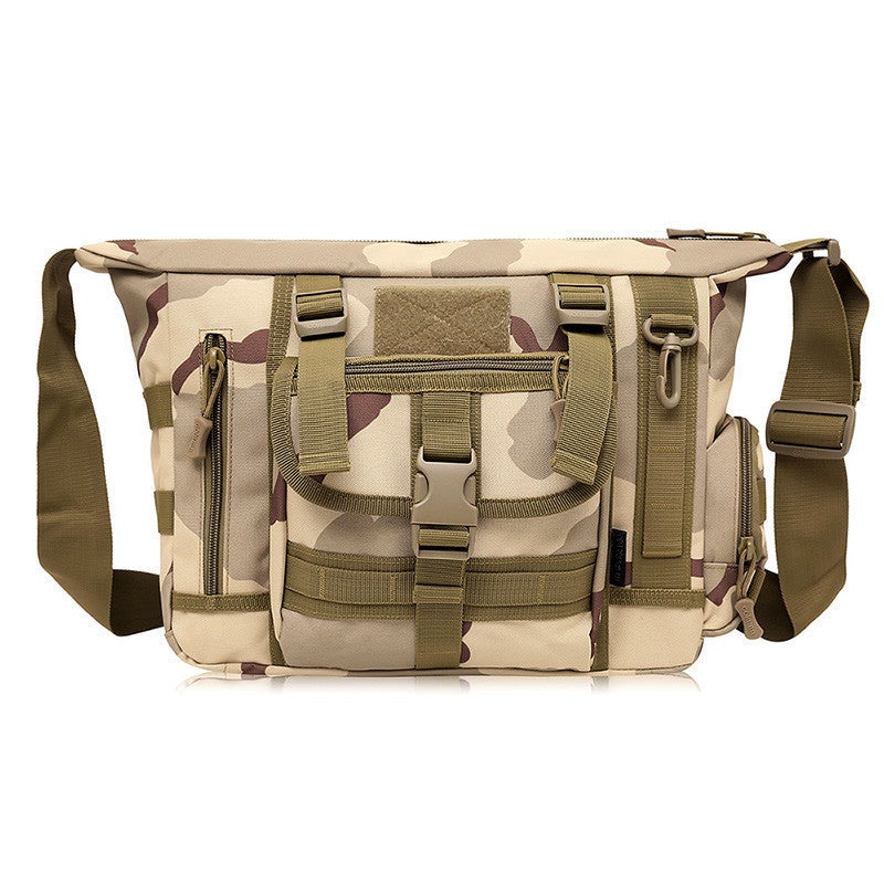 Business and Leisure Tactical Messenger Bag in camouflage design, showcasing its durable nylon material and spacious compartments.