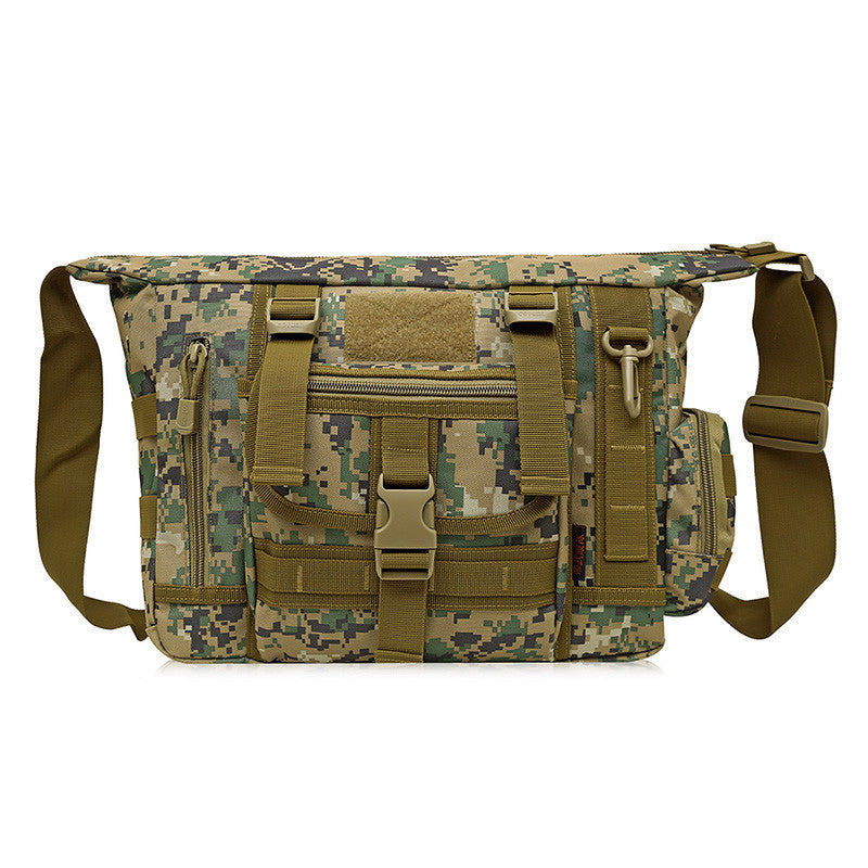 Business and Leisure Tactical Messenger Bag in camouflage design, showcasing its durable nylon material and spacious compartments.