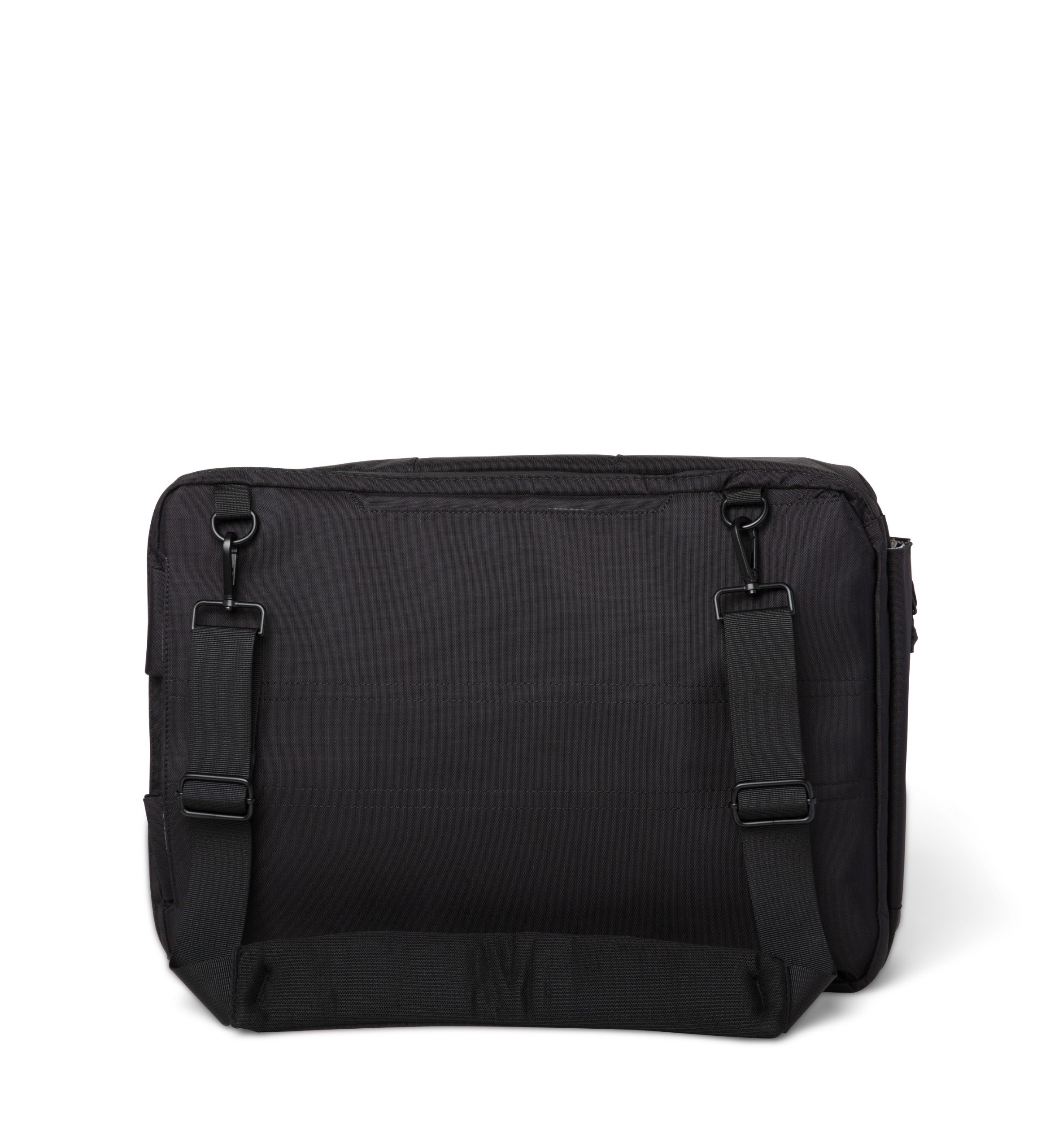 Carri Black Backpack showcasing its sleek design, water-repellent nylon material, and multiple carrying options.