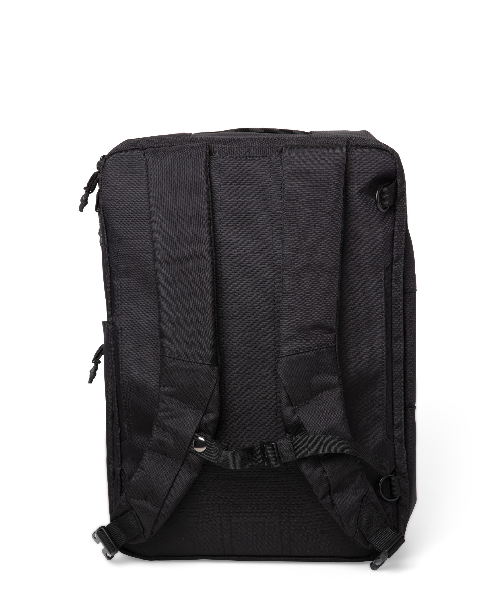 Carri Black Backpack showcasing its sleek design, water-repellent nylon material, and multiple carrying options.