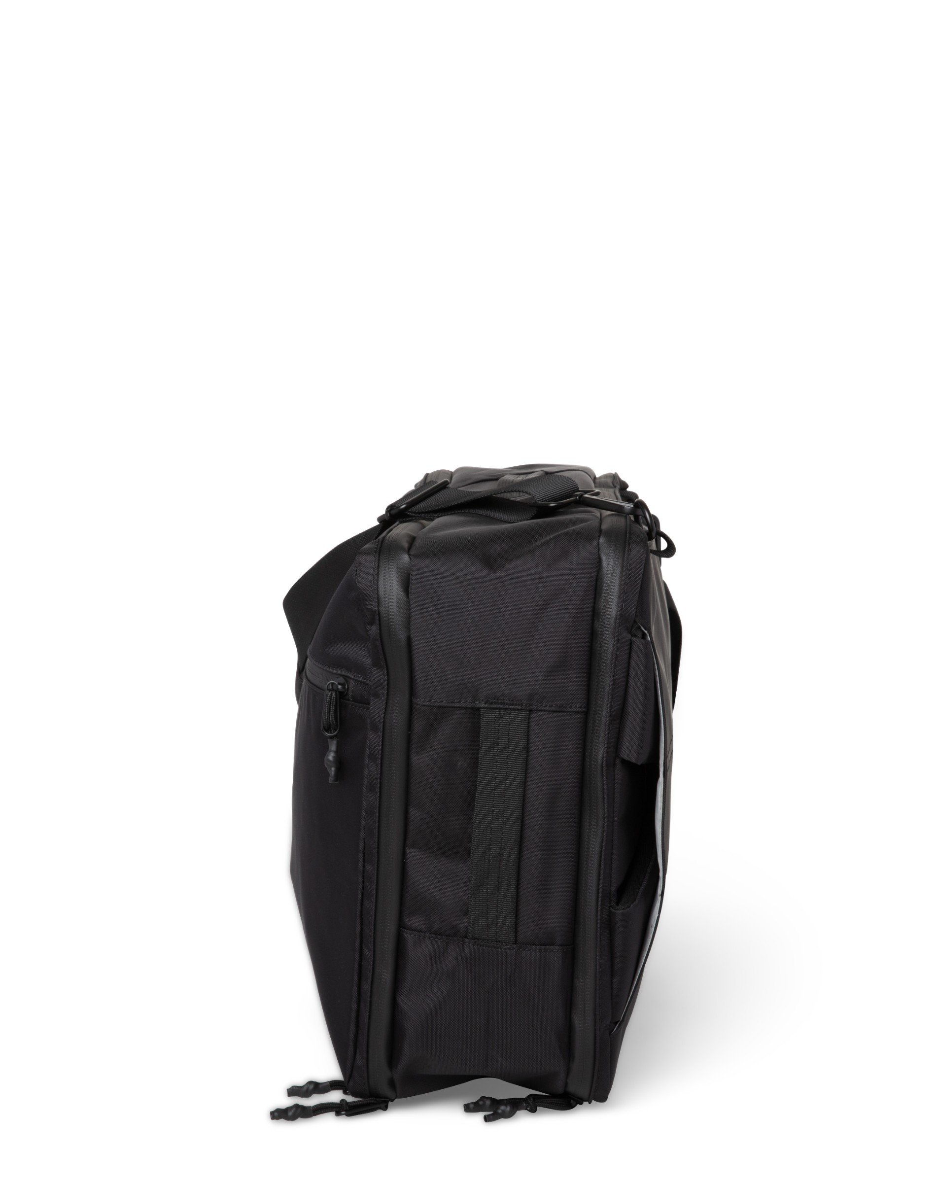 Carri Black Backpack showcasing its sleek design, water-repellent nylon material, and multiple carrying options.