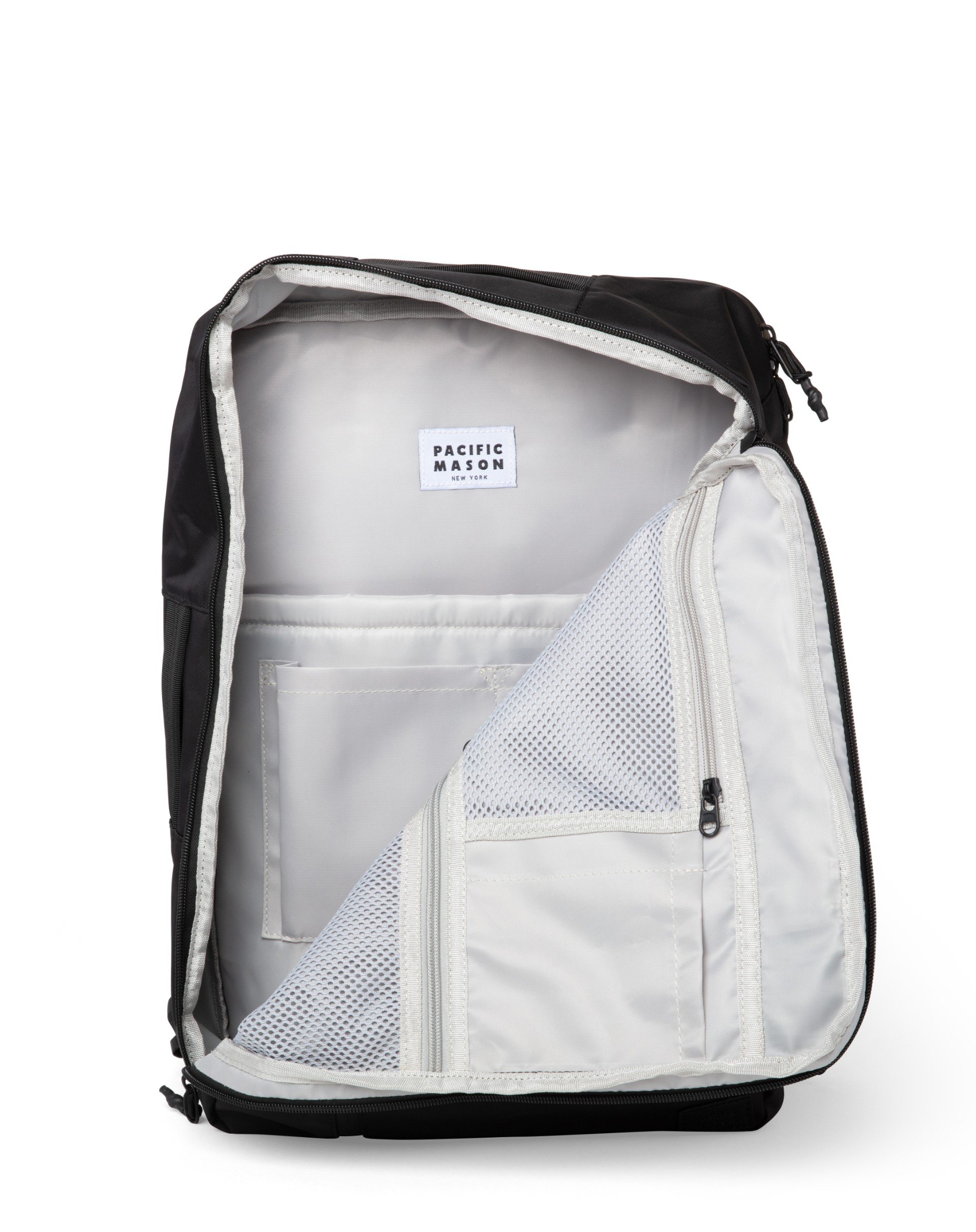 Carri Black Backpack showcasing its sleek design, water-repellent nylon material, and multiple carrying options.