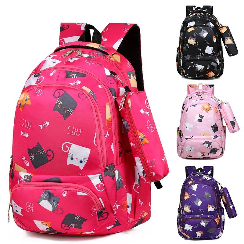 Cartoon Cute Cat Printed Elementary School Bag featuring a playful cat design, made of durable nylon, suitable for kids.