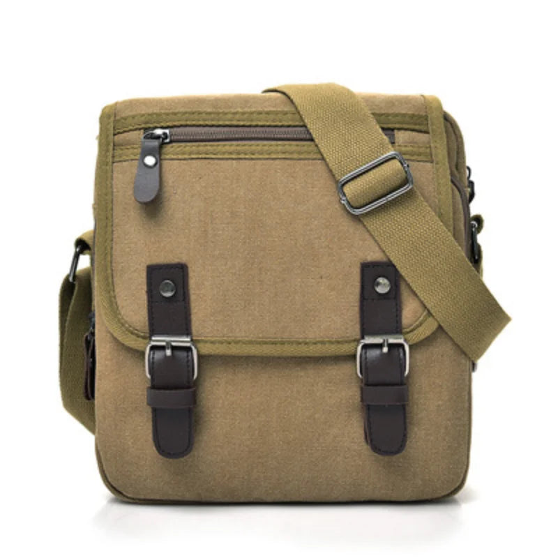 Casual Fashion Canvas Men's Bag in khaki color, showcasing its vintage design and spacious compartments.
