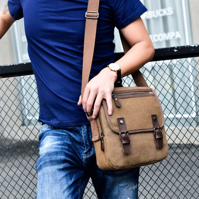 Casual Fashion Canvas Men's Bag in khaki color, showcasing its vintage design and spacious compartments.