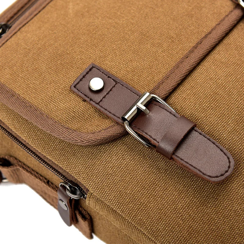 Casual Fashion Canvas Men's Bag in khaki color, showcasing its vintage design and spacious compartments.