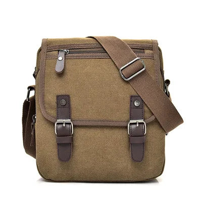 Casual Fashion Canvas Men's Bag in khaki color, showcasing its vintage design and spacious compartments.