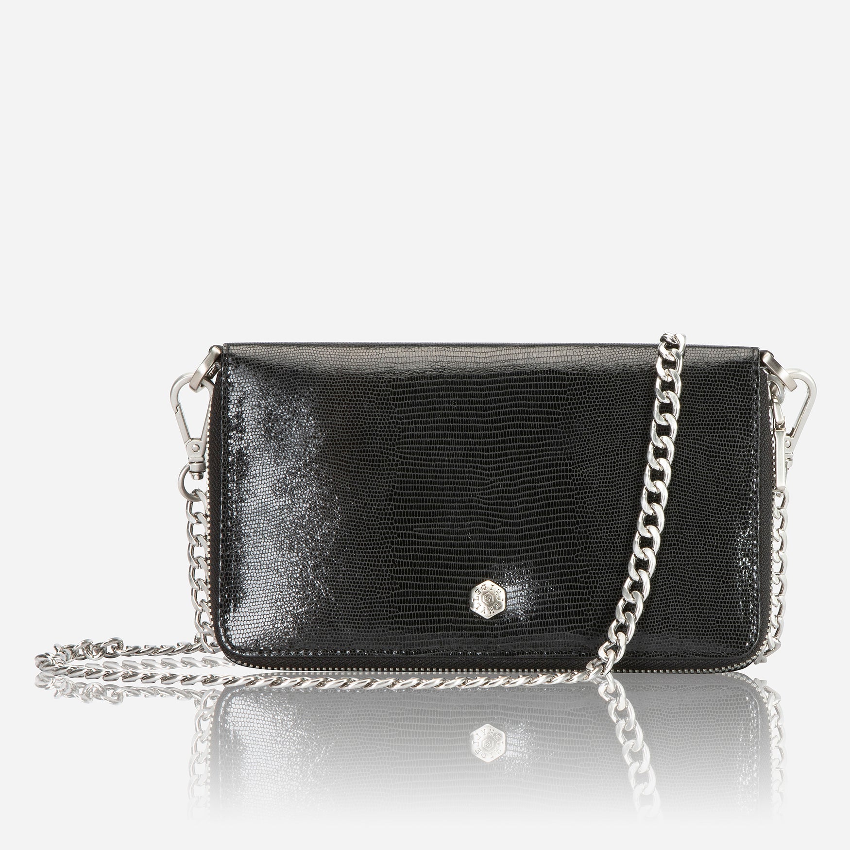 Stylish midnight chain purse with elegant design, perfect for storing cards and coins.