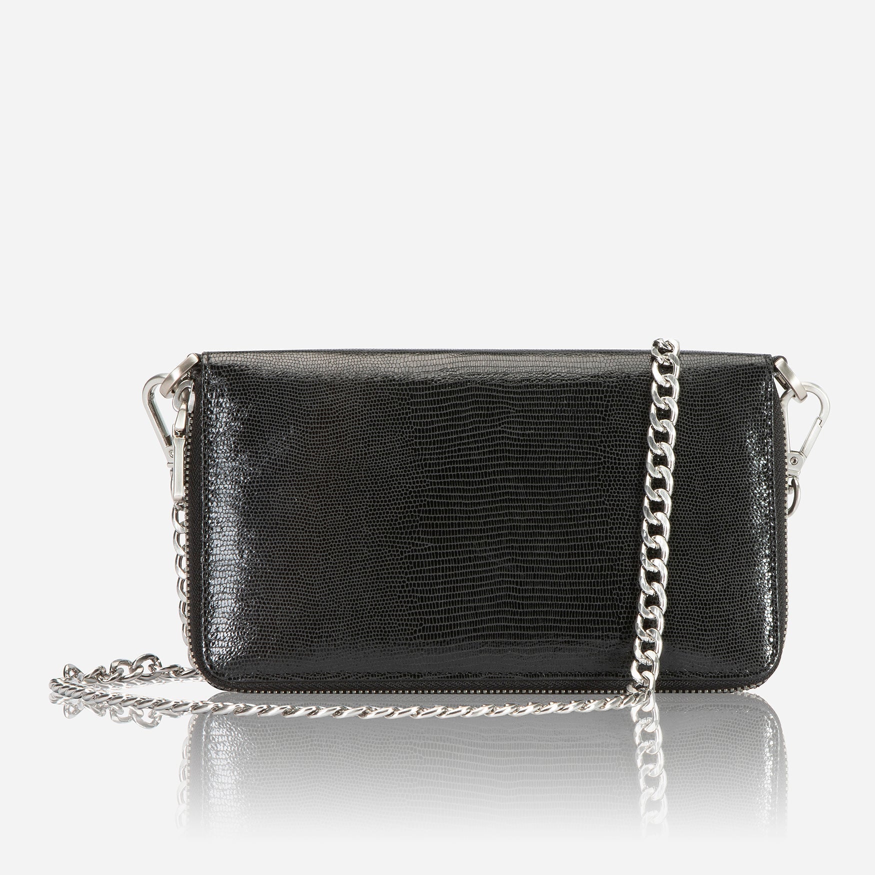 Stylish midnight chain purse with elegant design, perfect for storing cards and coins.