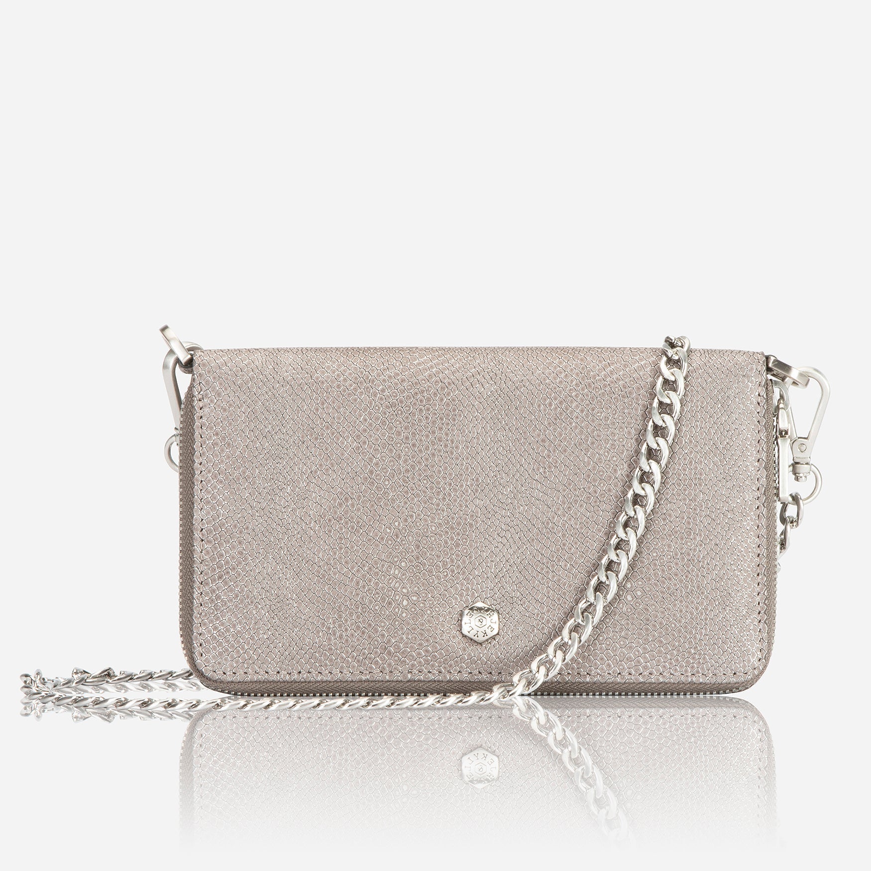 Elegant silver grey chain purse hanging stylishly, perfect for storing cards, notes, and coins.