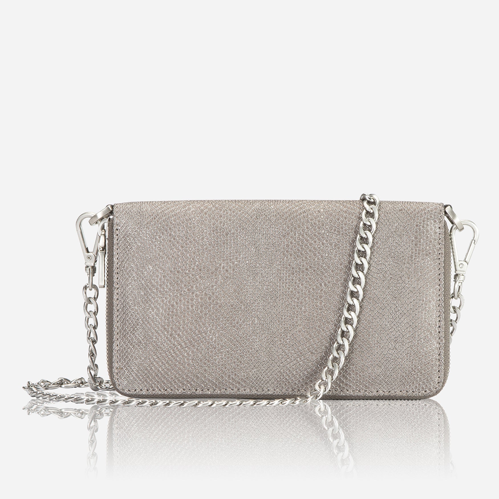 Elegant silver grey chain purse hanging stylishly, perfect for storing cards, notes, and coins.