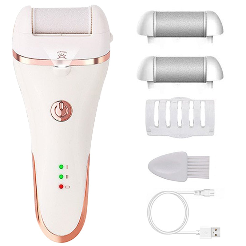 Charged Electric Foot File with ergonomic design and multiple grinding heads for effective pedicure.