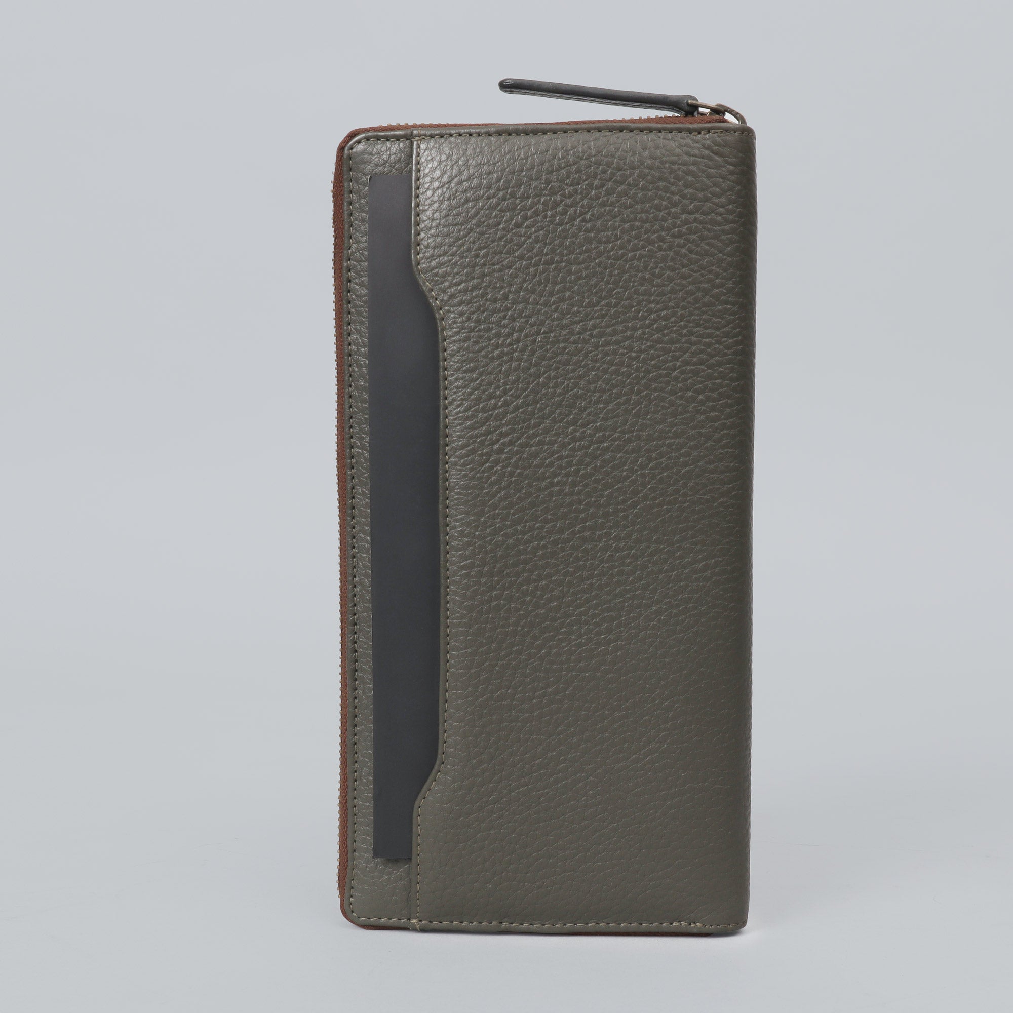 A stylish Cheque Book Leather Wallet made from premium full grain leather, featuring multiple pockets and a secure zipper closure.