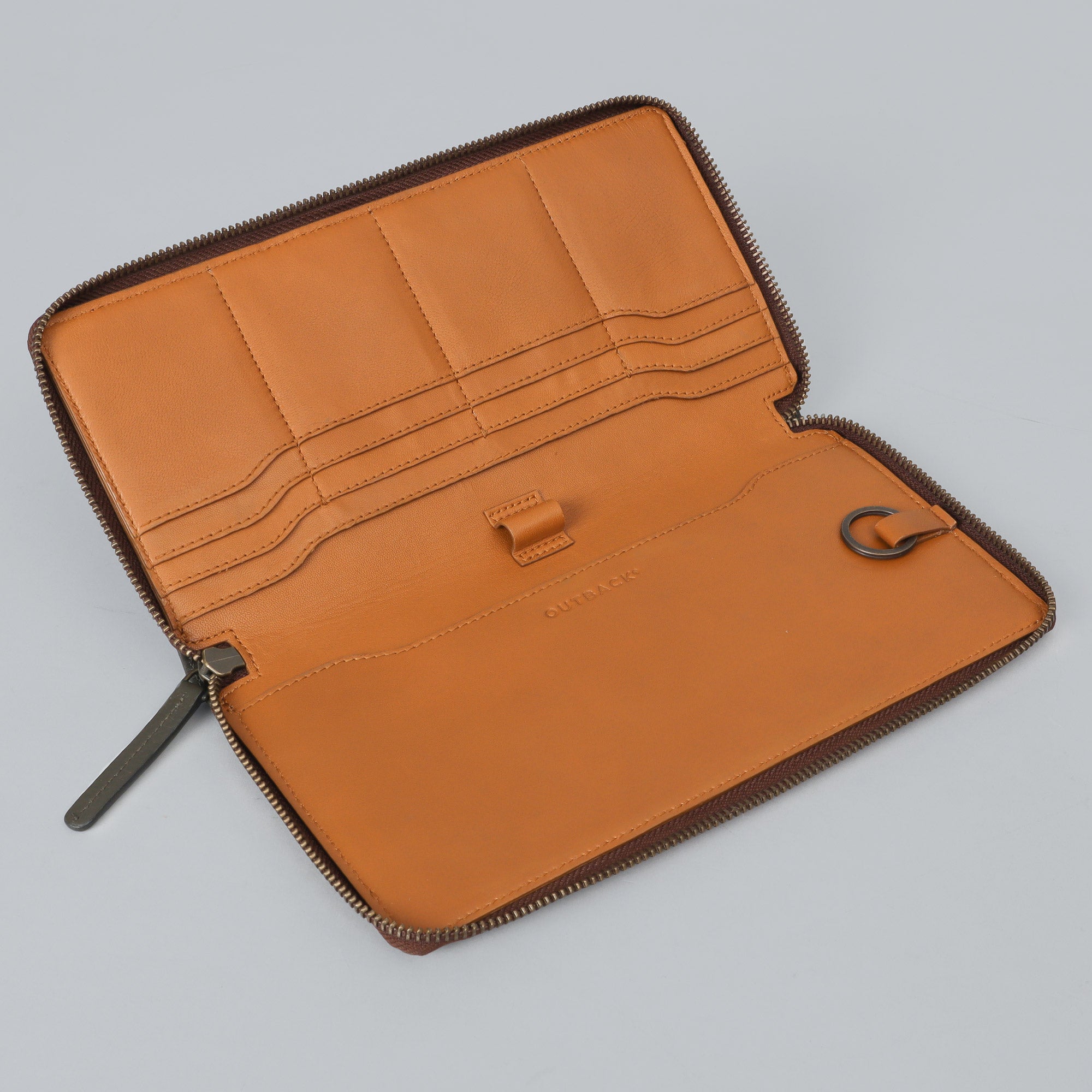 A stylish Cheque Book Leather Wallet made from premium full grain leather, featuring multiple pockets and a secure zipper closure.