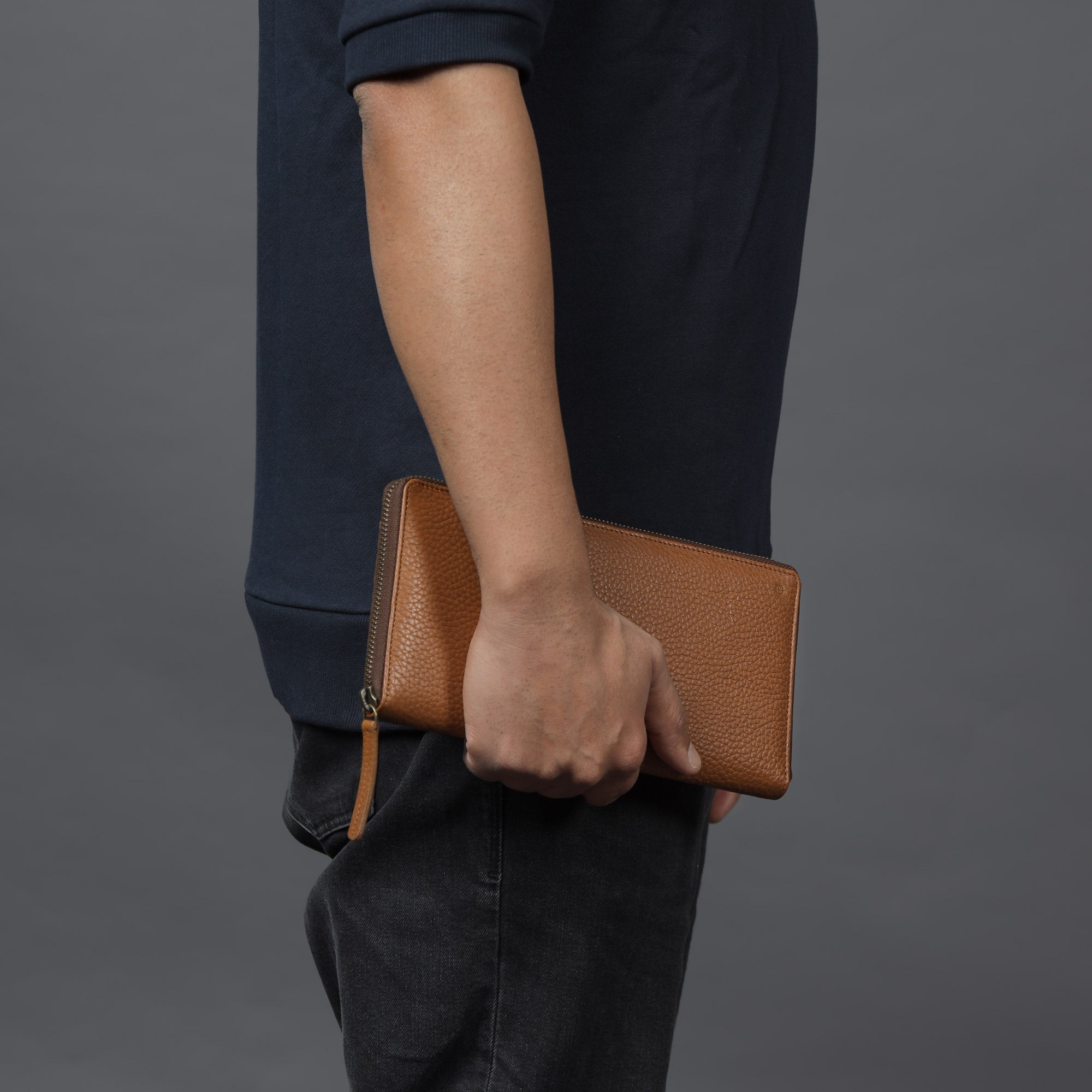 A stylish Cheque Book Leather Wallet made from premium full grain leather, featuring multiple pockets and a secure zipper closure.