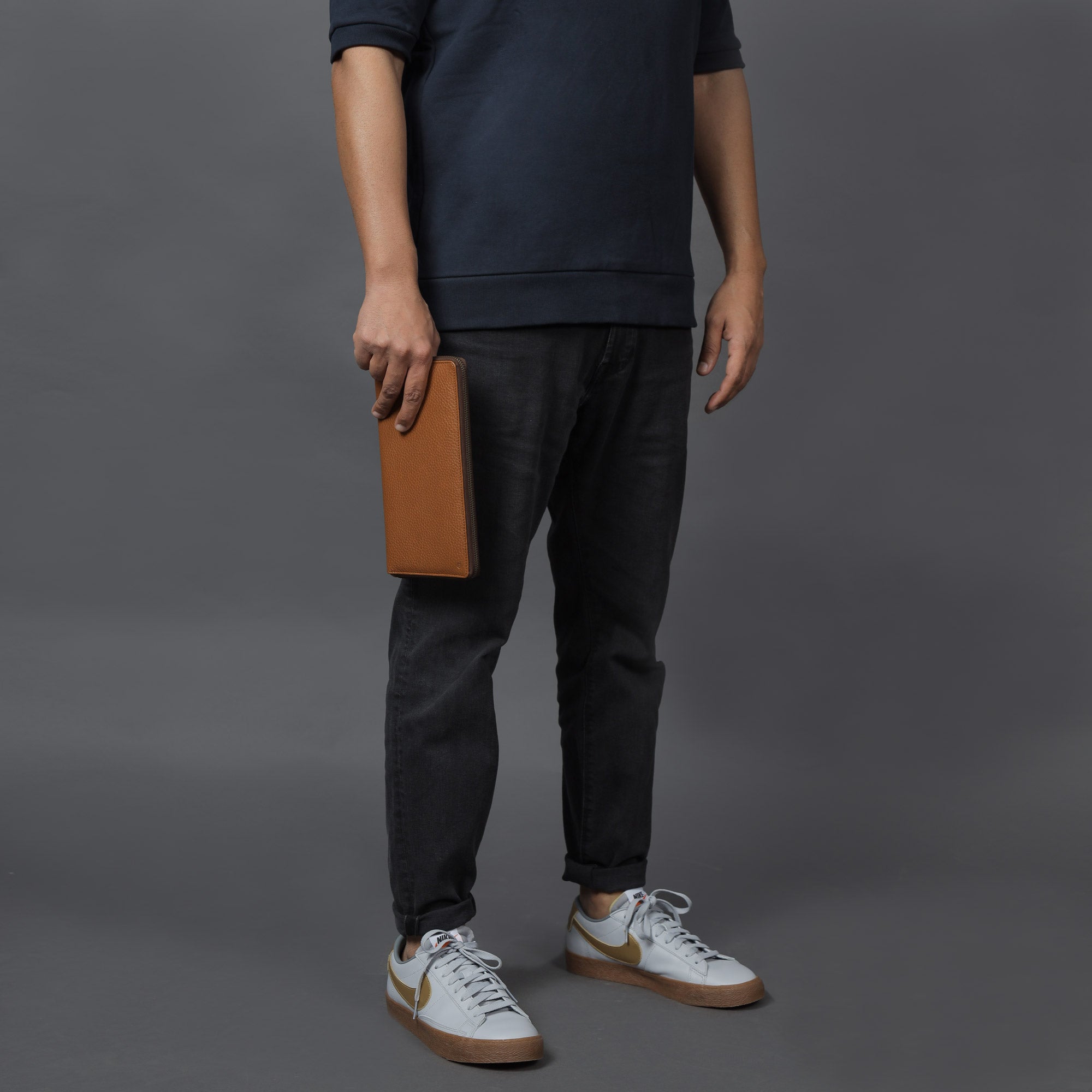 A stylish Cheque Book Leather Wallet made from premium full grain leather, featuring multiple pockets and a secure zipper closure.