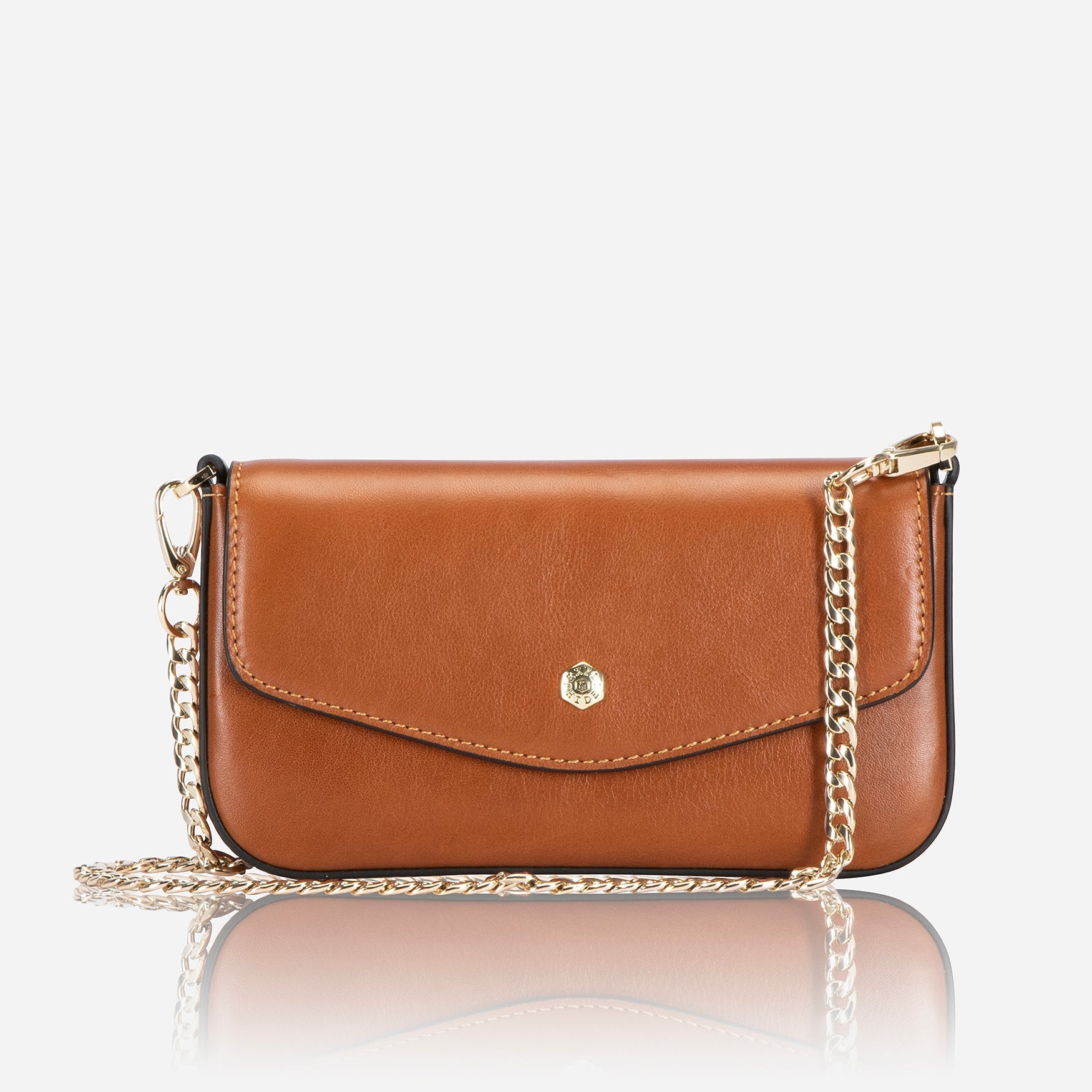 Elegant tan clutch bag with interchangeable chain shoulder strap, perfect for any occasion.