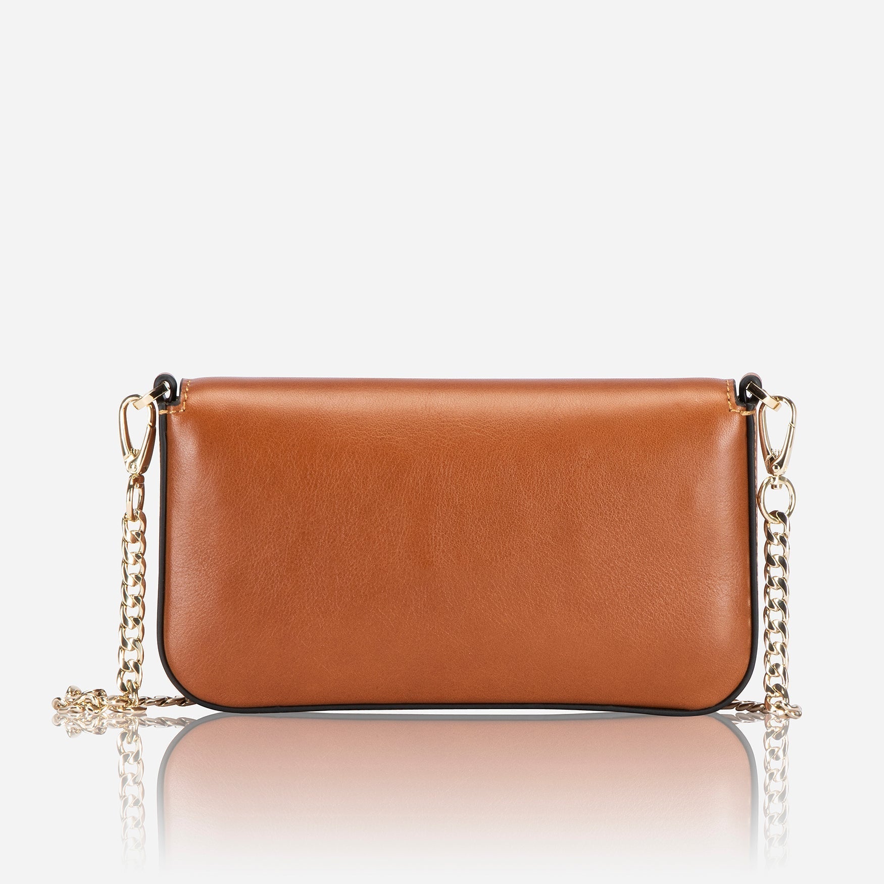 Elegant tan clutch bag with interchangeable chain shoulder strap, perfect for any occasion.